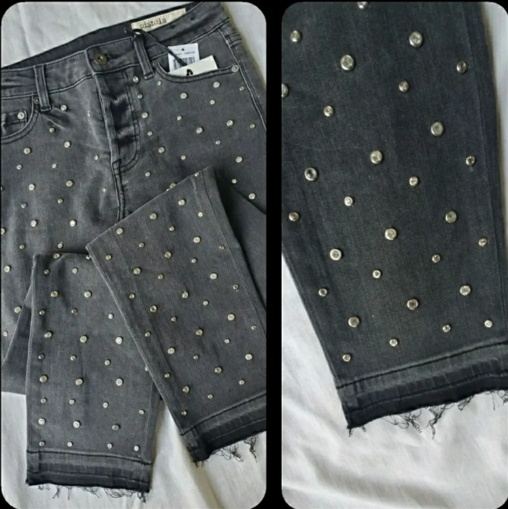 Pistola Charlie Embellished Ankle Skinny Jeans Washed Black Nwt